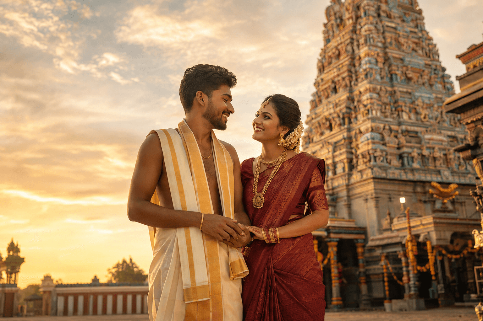 Traditional Tamil bride and groom in front of a Jaffna temple